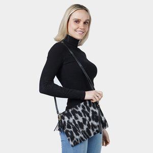 Grey Leopard Patterned Tassel Crossbody / Clutch Bag